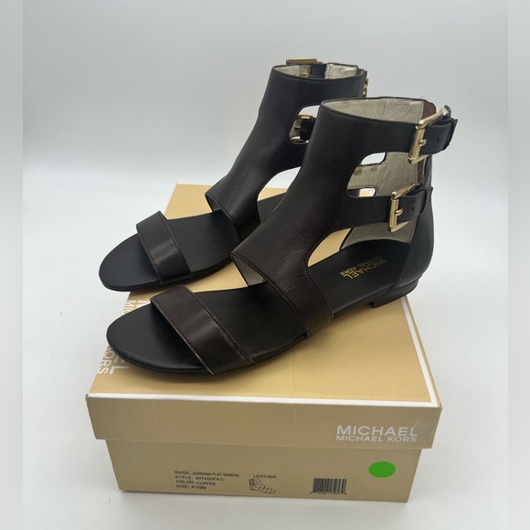 MICHAEL Michael Kors Adriana Flat Sandals Shoes Leather Coffee Size 9.5 with Box - Picture 3 of 8
